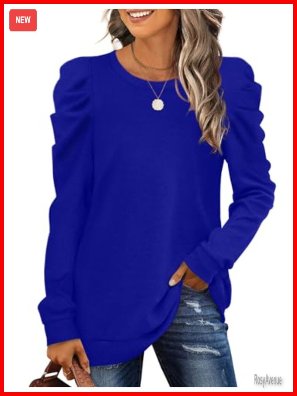 Women's Puff Sleeve Pullover Sweater Lightweight Loose Fit Crew Neck Top